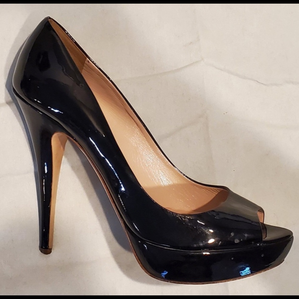 Miu Miu Black Patent Peep-Toe Platform High Heels